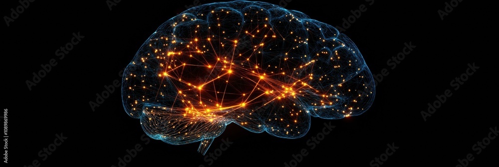 Poster A digital brain design featuring glowing neural connections, illustrating complex thought processes and brain activity set against a dark background. Generative AI
