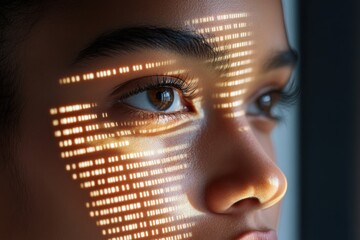 Image of a face illuminated by sunlight with binary code patterns highlights the interplay between natural light and digital themes within human perspectives.