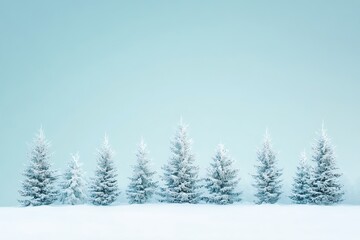 Obraz premium Minimalist snow-covered pine trees on a pastel blue background