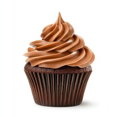 Chocolate Cupcake with Swirled Frosting on White Background
