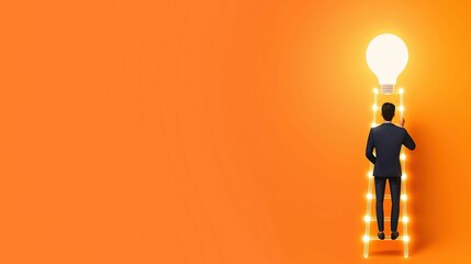 Obraz premium effort goal and efficiency, A businessman climbs a glowing ladder towards a large light bulb against an orange background, symbolizing inspiration and innovation.
