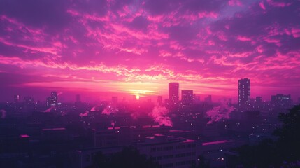 Obraz premium Pink Sunset Cityscape Over Illuminated Buildings