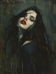 Fototapeta premium Portrait of an elegant woman with long black hair and red lipstick, her eyes closed style of digital pop art, vector illustration