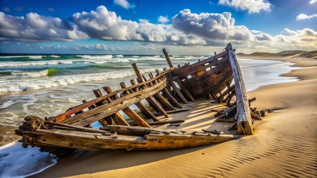 A broken shipwreck on a deserted beach, wooden beams half-buried in the sand
