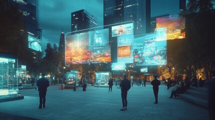 In a vibrant urban plaza during twilight, visitors engage with stunning holographic displays showcasing dynamic visuals.