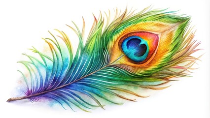 Obraz premium Colorful peacock feather submerged in water on a white background