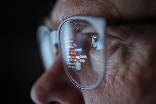 Older individual with glasses deeply focused on a computer screen as programming code reflects off the glasses, representing dedication and expertise in tech.