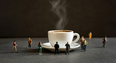 Miniature figures around steaming coffee cup on dark surface