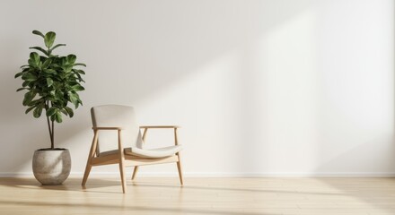 Fototapeta premium Minimalist interior design with wooden armchair and fiddle leaf fig plant