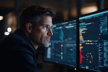 An individual wearing glasses attentively analyzes complex data charts on computer screens, signifying the analytical and data-driven nature of modern professions.