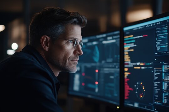 An individual wearing glasses attentively analyzes complex data charts on computer screens, signifying the analytical and data-driven nature of modern professions.