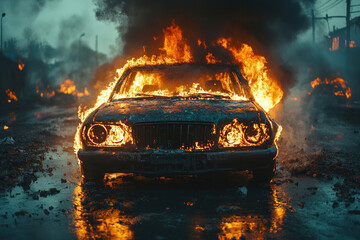 burning car in a destroyed cityscape. Flames engulf the car, black smoke rises into the sky, creating an atmosphere of chaos and destruction. 