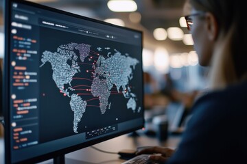 A woman is seen from behind looking at a large monitor showcasing global data connections, indicating interest in data trends and technological insights.