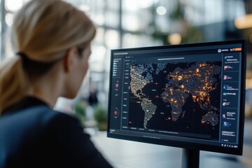 From behind, a woman observes a screen dynamically representing global data activity, illustrating a detailed study of technological patterns and trends.