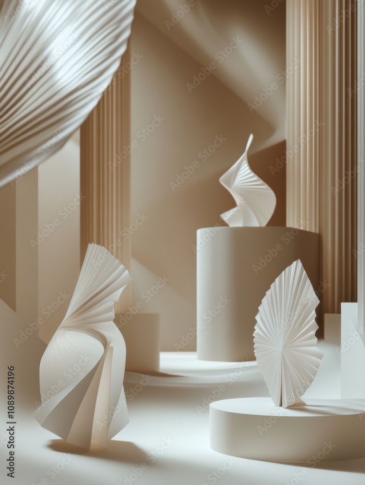 Fototapete delicate white paper sculptures are arranged in a serene gallery with gentle lighting, creating a tr
