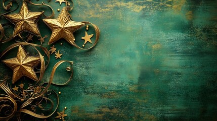 Naklejka premium Luxurious Festive Theme with Deep Green and Gold Hues, Ornate Golden Stars, and Ribbon Swirls for Celebratory Announcements