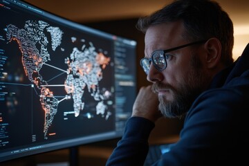 A man with glasses is intensely focused on a digital world map interface, depicting the analytical process of understanding global data patterns in a tech workspace.