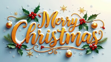 3D Rendered Merry Christmas Greeting with Gold Script and Snowflakes
