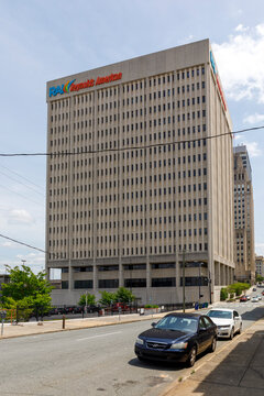 WINSTON-SALEM, NC, USA-1 JUNE 2021: The  modernistic  RJR Plaza Building, showing the tower only. Vertical image.