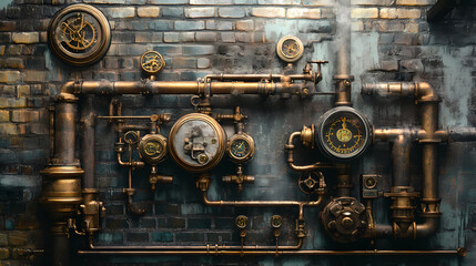 Intricate steampunk water filtration system brass pipes and valves steam wisps clockwork mechanisms industrial aesthetic. Victorian Steampunk Fantasy. Illustration