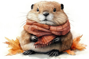 A funny beaver, done in a watercolor cartoon style. The beaver is wearing a cozy orange scarf and sitting on autumn leaves. 
