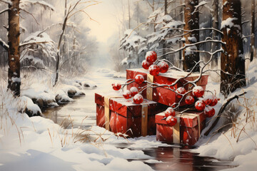 winter forest landscape with a river covered with ice and snow. In the foreground are several bright red gift boxes tied with ribbons, next to branches with red berries covered with snow.  