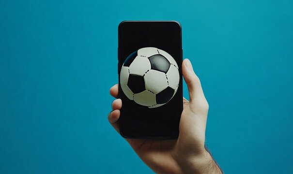 Smartphone in hand with a 3D soccer ball on a blue background. Bets, sports betting, bookmaker