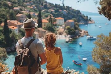 Fototapeta premium A couple stands together admiring a stunning coastal village with colorful houses. The sun shines brightly, reflecting off the calm water, creating a serene atmosphere