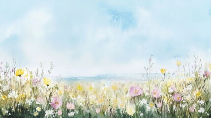 Fototapeta premium Floral landscape with colorful wildflowers under a blue sky