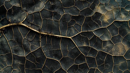 Closeup of a dried leaf with intricate veins and a dark, textured surface.