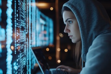 Focused and intense, a woman in a hoodie uses her laptop to decode information from a bright digital screen, highlighting skills in cybersecurity and problem-solving.