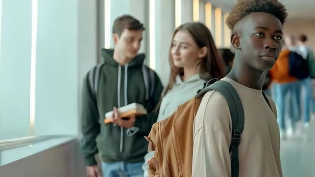 African American college student being discriminated by classmate in university corridor and speaking at camera