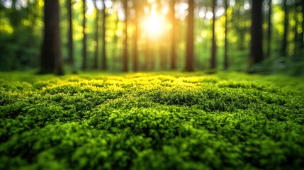 Naklejka premium Sunlit moss in a lush green forest.