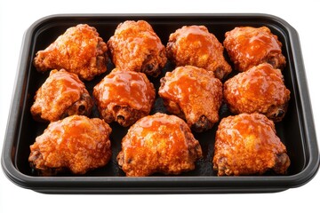 A tray of twelve delicious, saucy buffalo chicken wings, perfectly cooked and glazed.