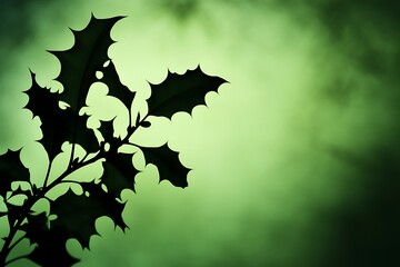 Silhouette of festive holly leaves glowing softly on a green background
