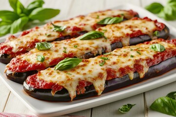 Delicious baked eggplant slices topped with rich tomato sauce and melted cheese, garnished with fresh basil.