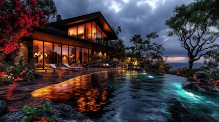 Obraz premium Contemporary concrete villa surrounded by greenery, featuring large glass windows, warm lighting, and a stunning turquoise infinity pool.