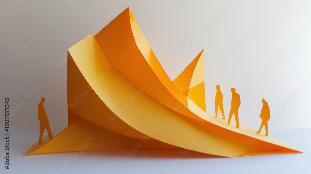 Poster an artistic paper creation features abstract yellow shapes and silhouettes walking along a dynamic, 