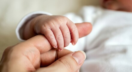 Newborn baby's hand grasping adult finger in close-up, bonding moment