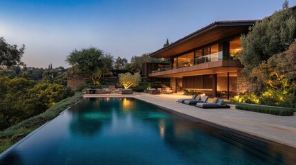 Elegant modern villa perched on a hillside, surrounded by greenery, featuring a serene infinity pool and luxurious outdoor spaces.

