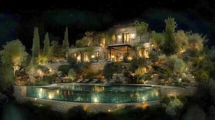 Fototapeta premium Luxurious Mediterranean-style villa surrounded by lush greenery, featuring a glowing infinity pool and soft outdoor lighting at night.
