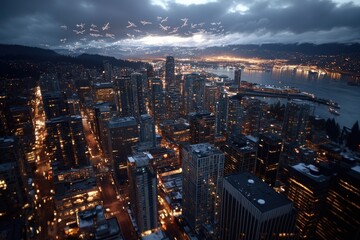 Obraz premium A breathtaking aerial view of a city skyline at dusk, with glowing city lights illuminating the bustling metropolis and a dramatic sky overhead filled with clouds.