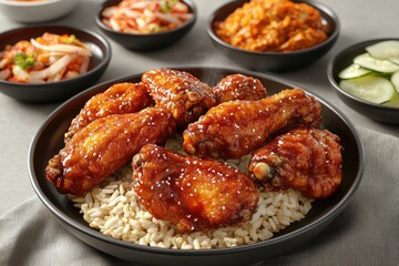 Fototapeta premium Delicious glazed chicken wings served on a bed of rice, garnished with sesame seeds and accompanied by side dishes.