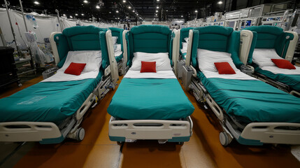 Multiple hospital beds are lined up in a spacious area, prepared for patients in need of medical care during a critical time