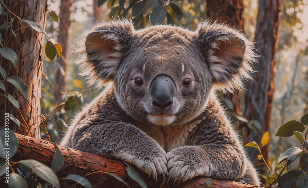 Poster A koala is resting on a tree branch, looking directly at the camera. The scene is serene and tranquil, with the koala's large ears and fluffy fur adding to the sense of calm