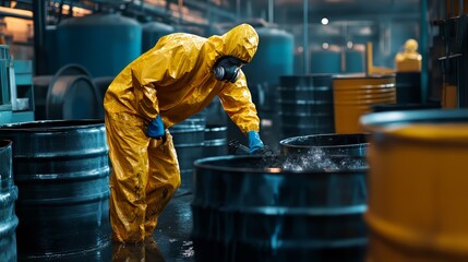 A worker in protective gear collecting hazardous waste materials for safe disposal, emphasizing risks, precautions, and risk mitigation in waste management. Ultra-realistic, photorealistic