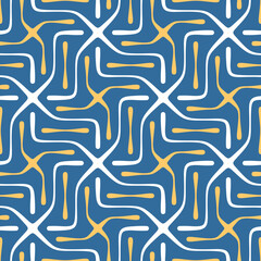 Seamless abstract geometric pattern with a decorative design of thin yellow and white lines on a blue background. Elegant and modern style. Vector illustration.