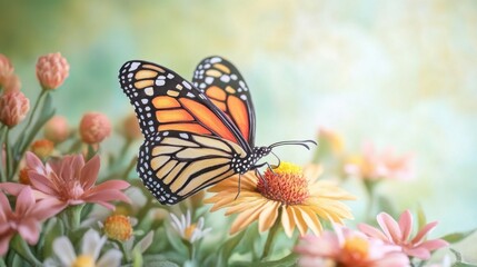 Obraz premium Monarch butterfly perched on vibrant blooming flowers under soft light