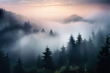 Fototapeta premium Tranquil scenery. Foggy landscape.