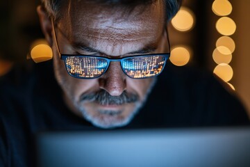 A close-up of glasses reflecting digital code on their surface, creating an impression of technology's depth and the focused mindset needed in modern digital environments.